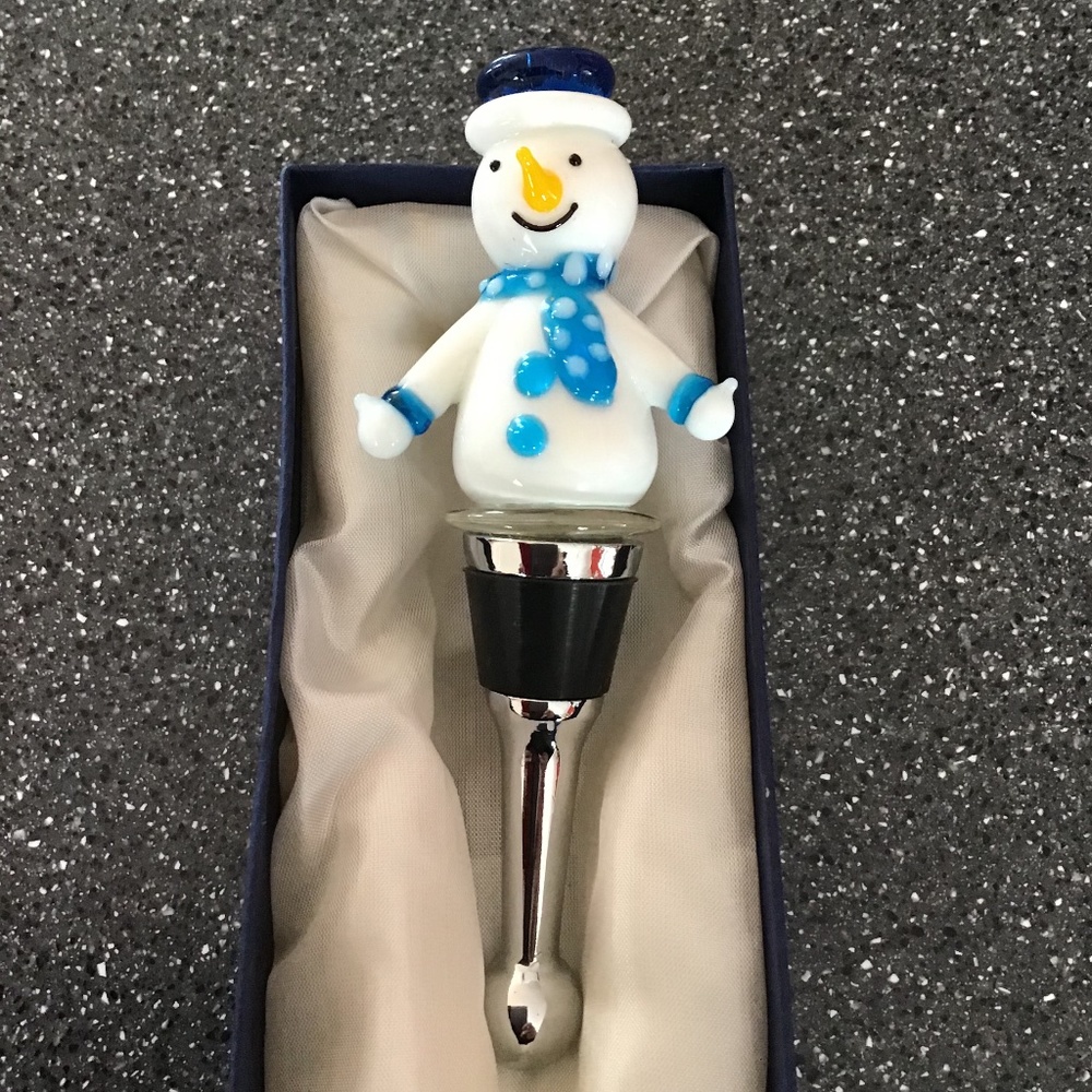 Glass Winter Snowman Wine Bottle Stopper NIB Christmas Holiday